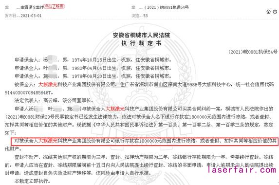 又是買賣合同糾紛！大族激光被凍結(jié)銀行存款180萬元以內(nèi)、僅一季度已三次被裁定凍結(jié)銀行存款